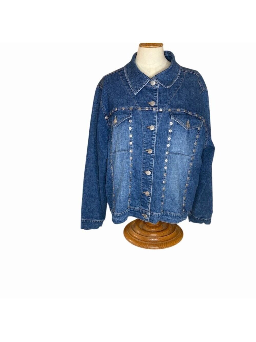 The Blues Jacket Womens Plus Size 2XL Blue Studded Snap Front Denim